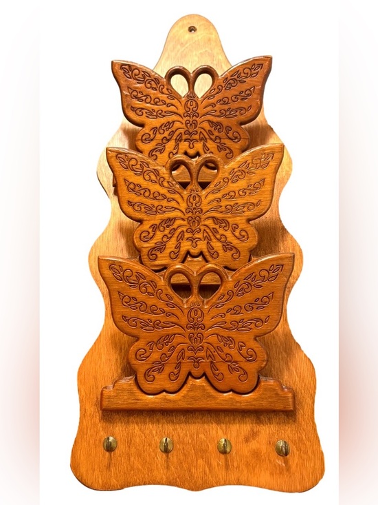 Other - Vintage Carved Wood 70s Retro Butterfly Mail Holder Key Rack Wall Hanging 19.25”